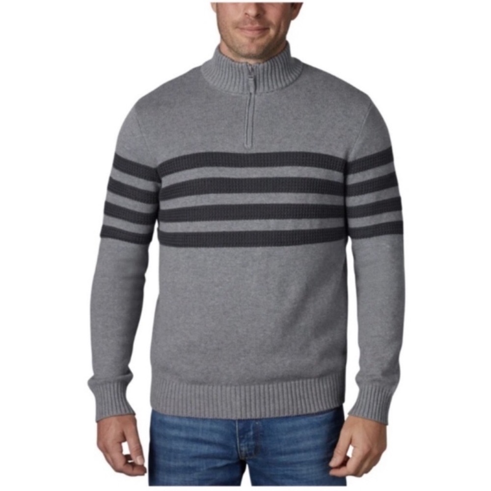 Tahari Men’s Sz XL Mock Neck 1/4 Zip Pullover Sweater Long Sleeves Blue Stripe
